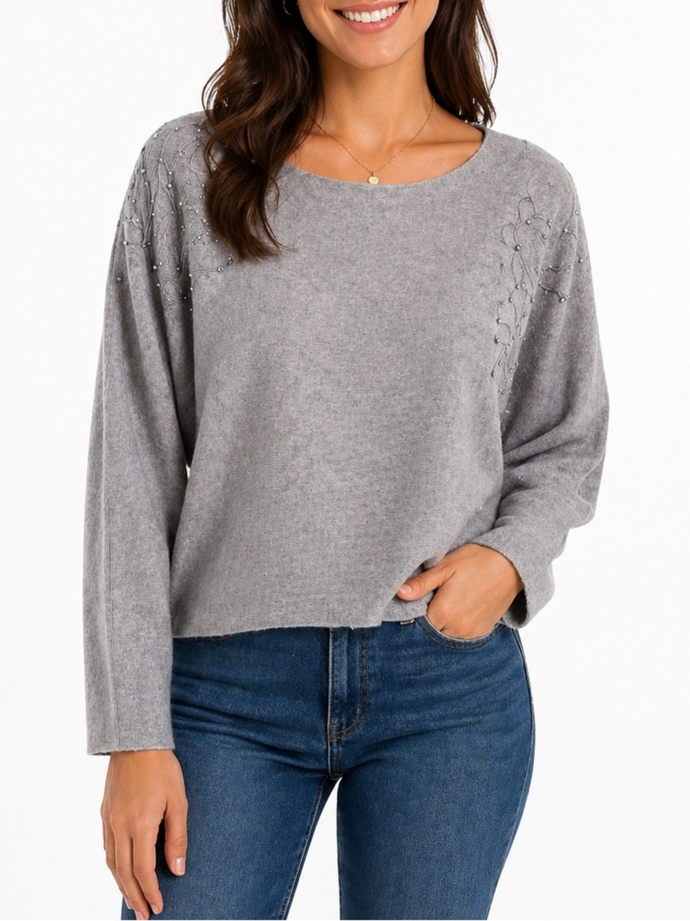 EMBER Women Gray Knit Sweater Beaded Embroidered Dolman Sleeve Size L